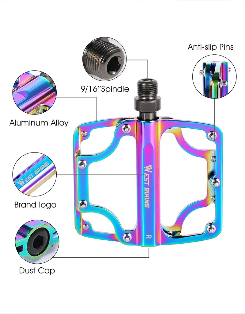 WEST BIKING 3-Lager Bunte Fahrradpedale Leichtes Fahrradpedal aus Aluminiumlegierung Verschleißfestes, rutschfestes MTB-Rennradpedal – Detail 8