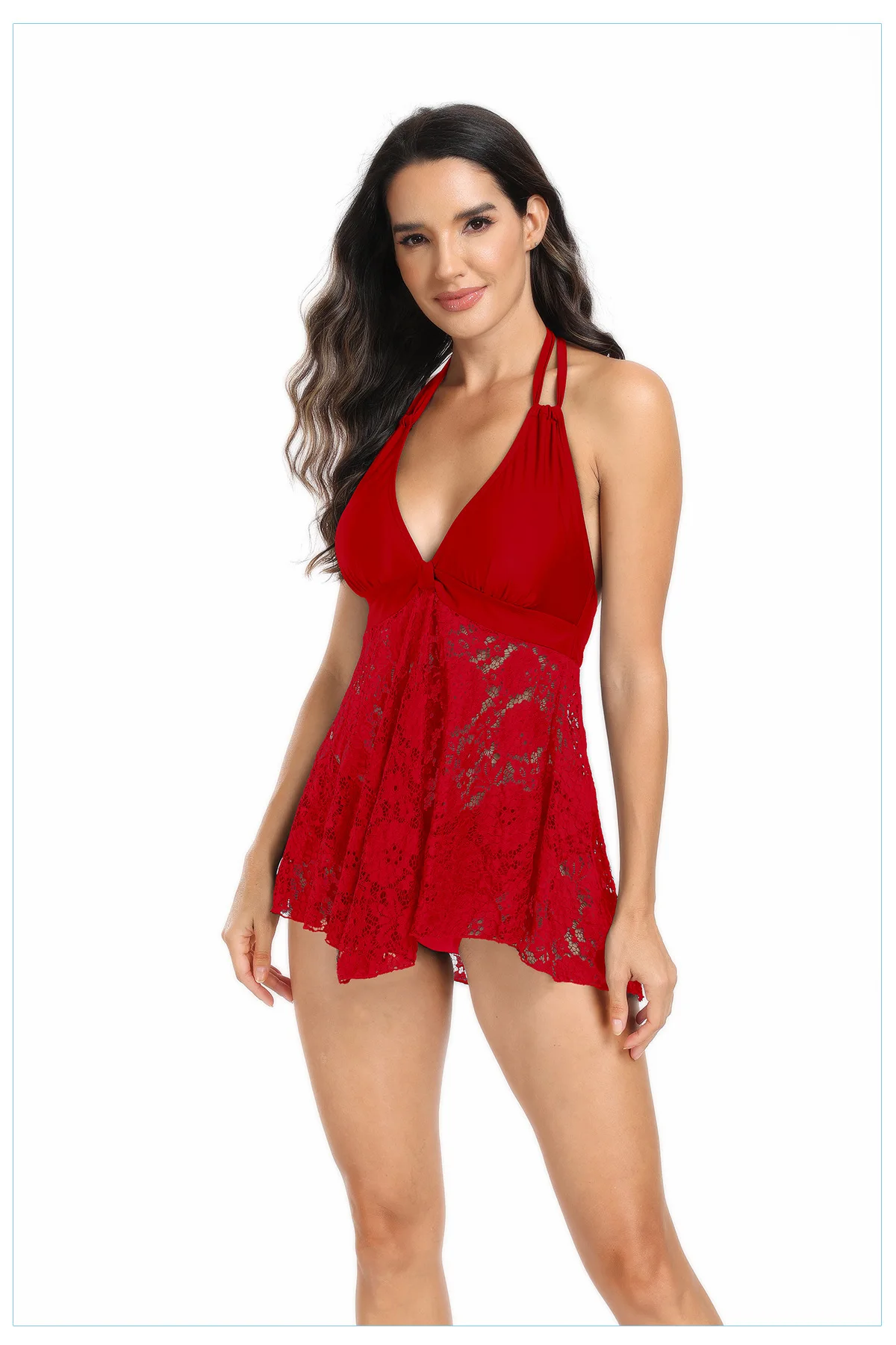2024 New Sex lace hollowed-out skirt swimsuit European and American solid color women's separate swimsuit