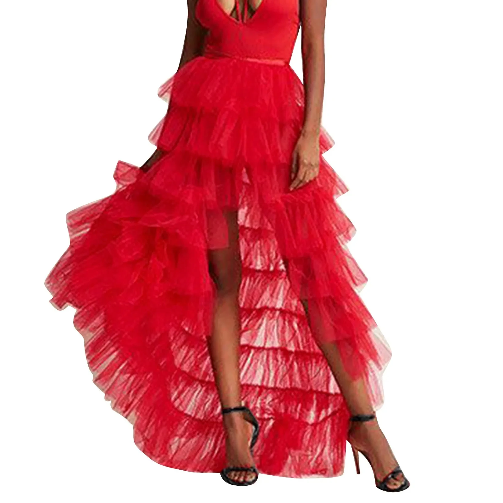 Women Long High Low Ruffles Tulle Skirt Solid Color Mesh Tied-Up Irregular Floor-Length Party Train Overskirt Cover Ups 5
