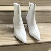 Pointed White Chunky Heel Boots For Men Ankle Boots High-heeled Zipper Black Fashion British Style Handmade Shoes Men Boots 1