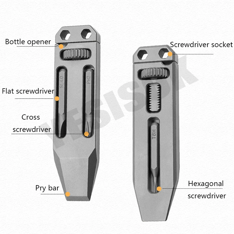 Titanium Legering Telescopische Koevoet Flesopener Edc Gereedschap Schroevendraaier Sleutel Hand Outdoor Camping Edc Gereedschap Met 3 Batch Kop