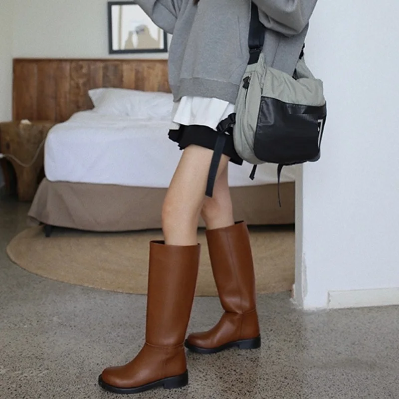 

INS Women Knee High Boots Cow Split Leather Warm Winter Boots Thick Square Heels High Boots Neutral Shoes Woman Street Style