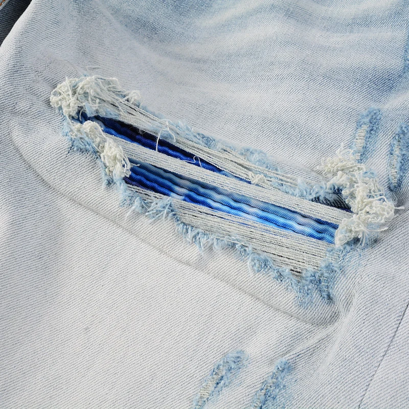 High Street Fashion Men Jeans Retro Light Blue Stretch Skinny Fit Ripped Jeans Men Patched Designer Hip Hop Brand Pants Hombre