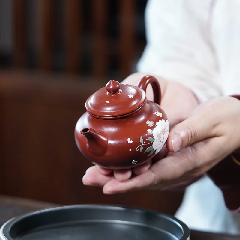 Chinese Style Lotus Flower Pattern Teapot, Purple Clay Raw Ore Dahongpao, Kung Fu Household, Handmade, 160ml Pot, New, 1Pc