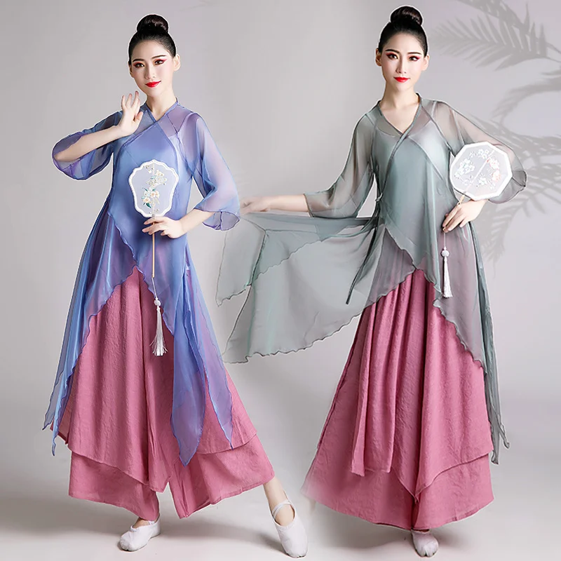 

Classical dance body charm gauze clothes women elegant martial arts training clothes blouse Chinese Folk dance shows the fairy