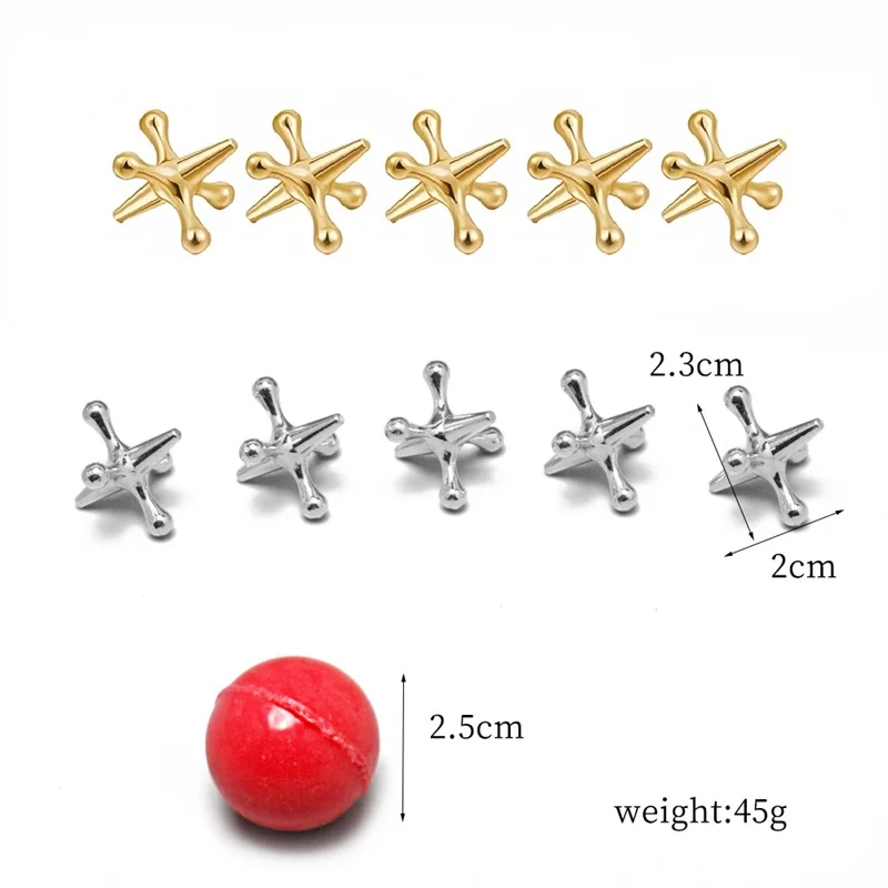 Festive Gold & Silver Metal Jacks Set with Red Rubber Ball - Classic Holiday Game Kit
