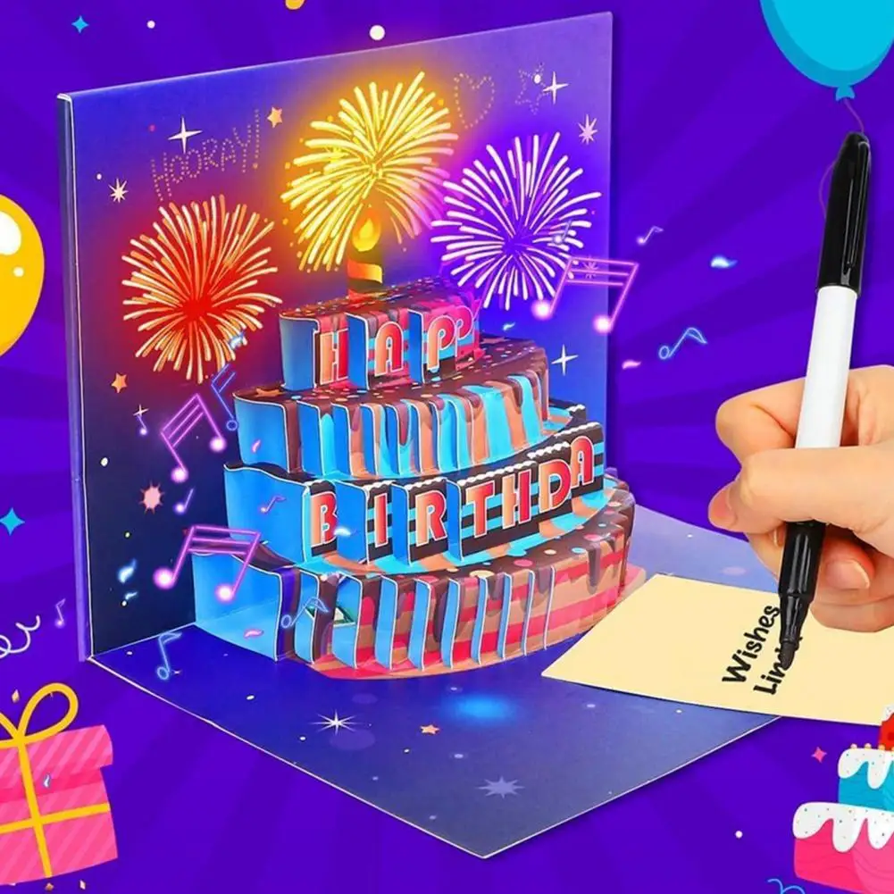 3D Fly-out Birthday Card Light Music Happy Birthday Glowing Greeting Card With Cake Design Interactive 생일 카드