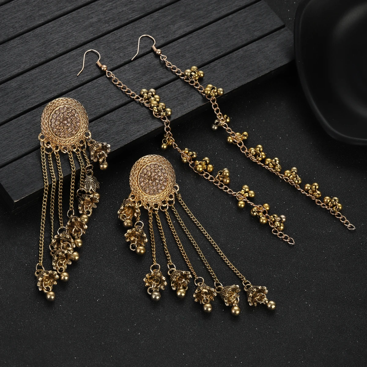 2024 Retro Long Tassel Earrings Women Gold Color Female Round Crystal Chain Bell Drop Earrings Indian Jewelry Accessories Gift