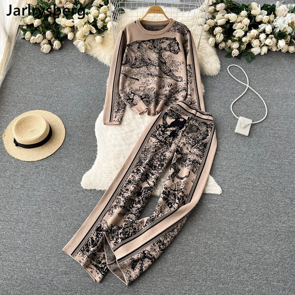 

Autumn Winter New Knitted Print Sets Women O Neck Long Sleeve Knit Tops+Wide Leg Pants Fashion Retro Sweater Two Pieces Suits