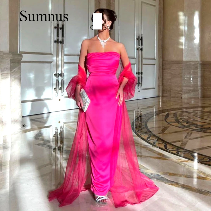 Sumnus Hot Pink Silk Satin Evening Dresses With Detachable Cape Sleeves Jacket Long Strapless