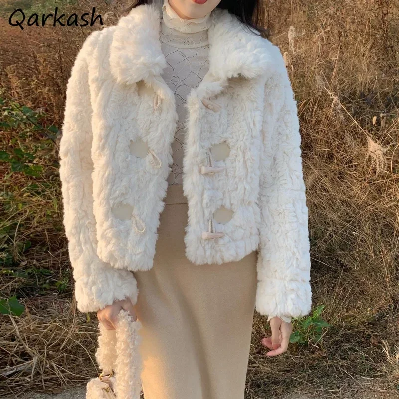 

Fluffy Jackets Women Lovely Horn Button Winter Coat Temper Sweet Female Warm Thicken Korean Style Fashion Cropped Jacket Vintage