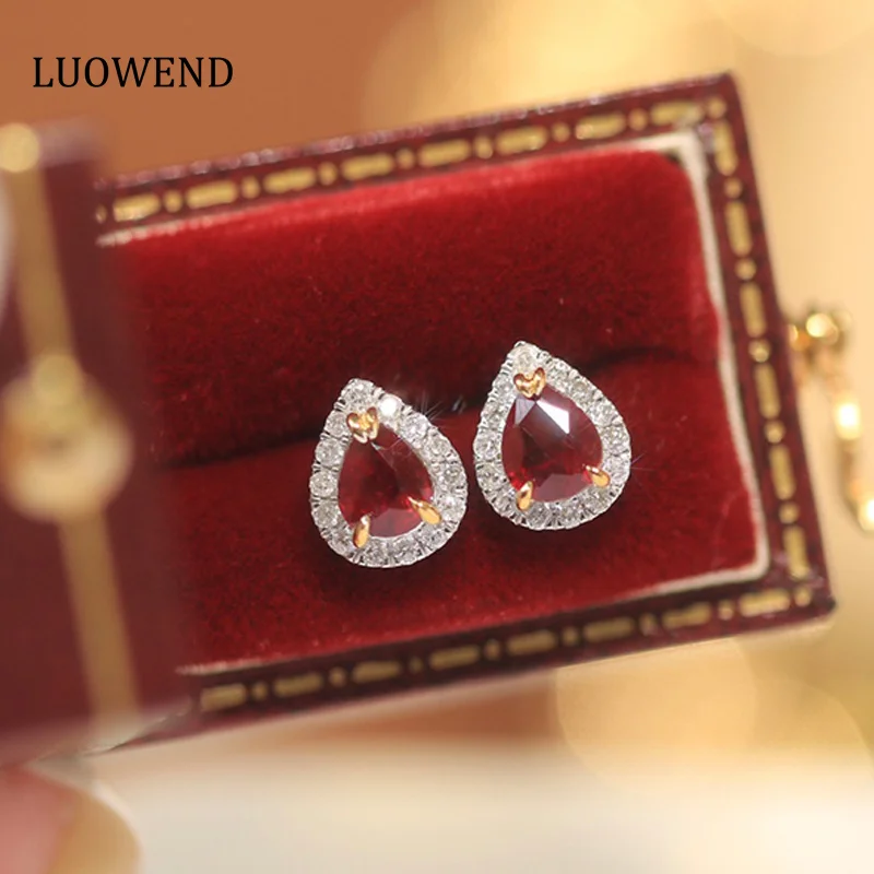 LUOWEND 18K White and Yellow Gold Earrings Real Natural Ruby Classic Water Drop Shape Diamond Jewelry for Women Engagement