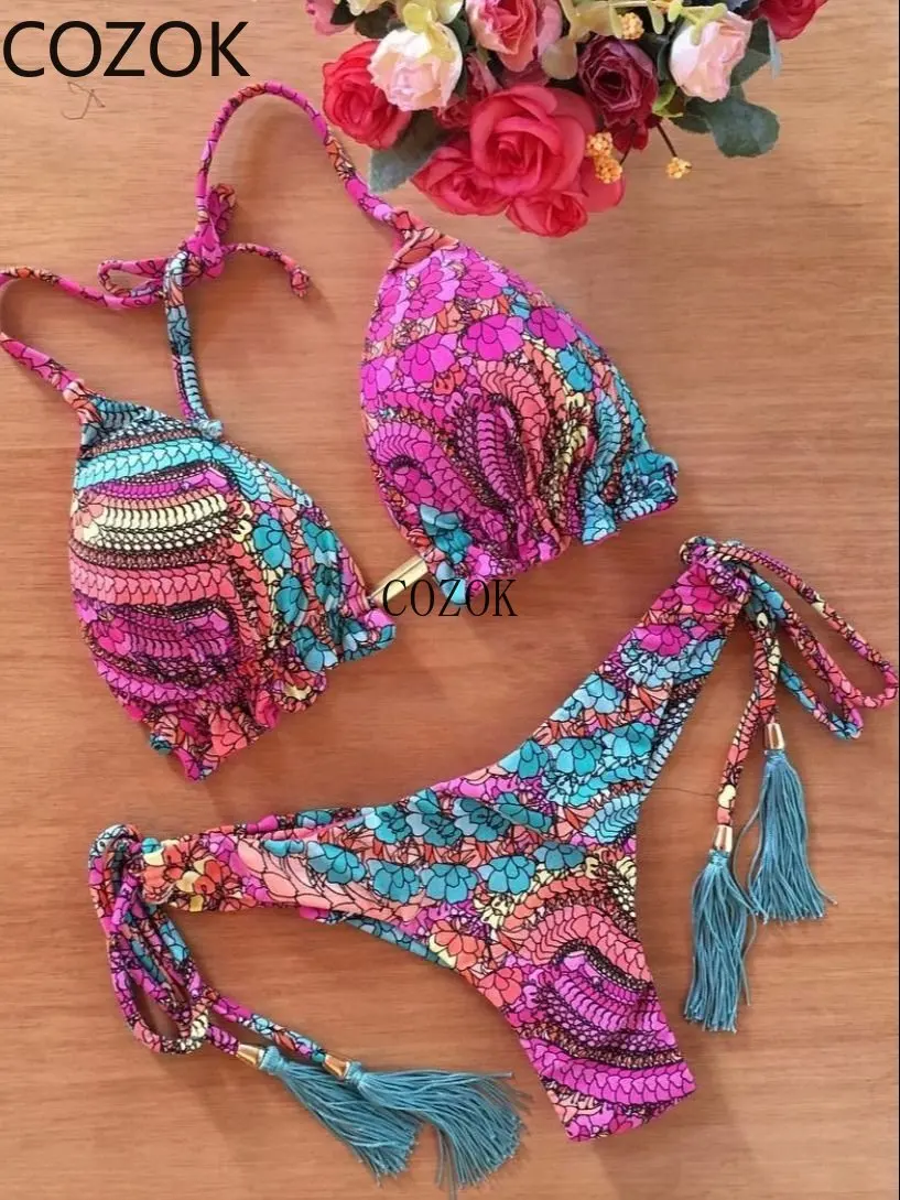 Sexy Micro Bikinis Set 2023 New Swimsuit Women Feather Print Bandage Swimwear Female Bathing Suit Brazilian Biquinis