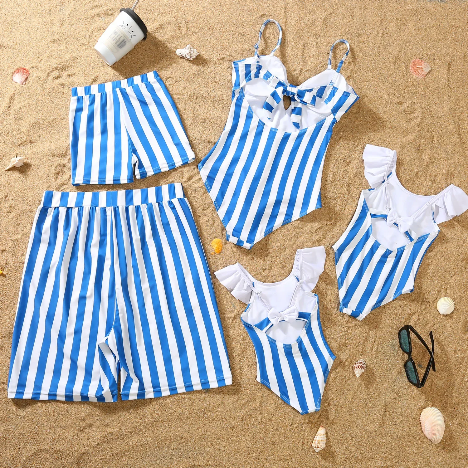 New 2024 Women Girls Men Boys Swimwear Family Matching Swimsuit Striped Print One-Piece Suit Swim Shorts Beachwear Holiday Look 3
