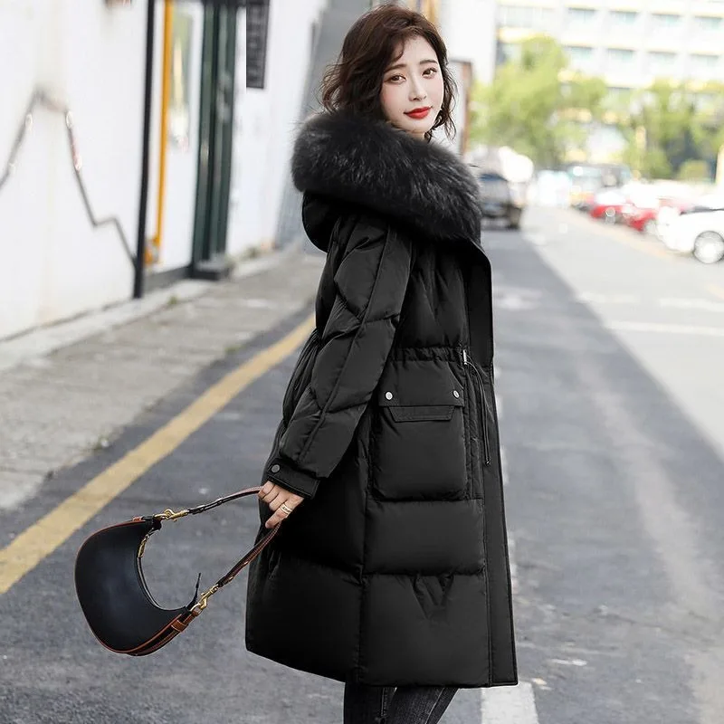 2023 New Women Down Jacket Winter Coat Female The Waist Parkas  Mid Length Version Outwear Real Fur Collar and Hat Overcoat