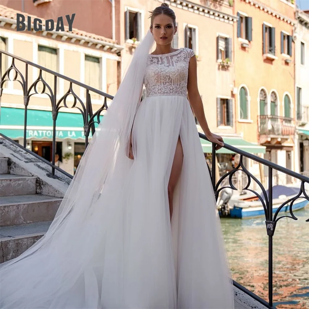 

Elegant A-Line Wedding Dresses Women 2024 Lace O-Neck Cap Sleeve Split Tulle Open Back Bridal Gown Sweep Train Vestidos De Noiva