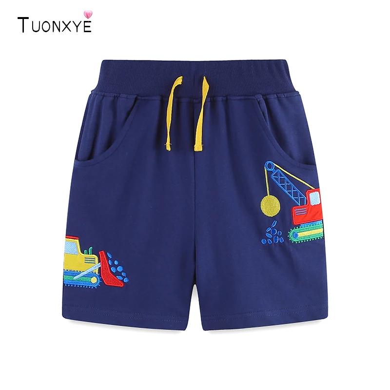 Summer Boys Cartoon Shorts Embroidery Engineering Vehicle Knitting Cotton Casual Breathable Elastic Waist Pocket Pants boys shorts