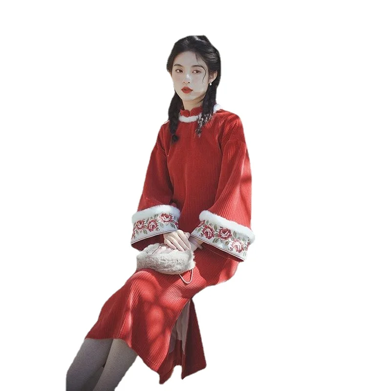 

Red Vintage Cheongsam Young High-end Temperament Autumn and Winter Model