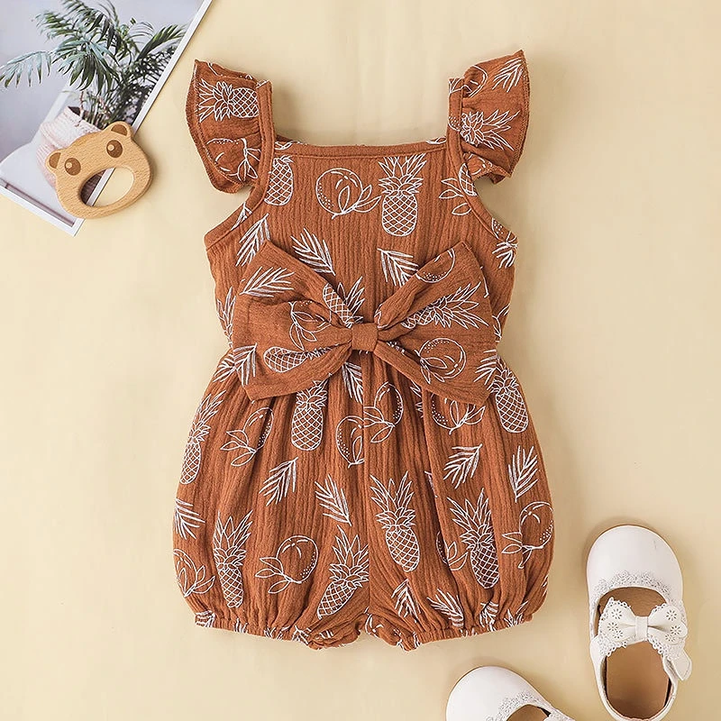 Summer Flying Sleeve Boxer Romper Clothes Newborn Jumpsuits Cute Print Bow Baby Bodysuits 3 6 9 12 18 Months Baby Clothing