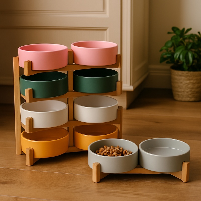 Wooden Stand Elevated Dual Ceramic Bowls for Small Pets - Spill-Proof Food and Water Dish for Cats and Dogs