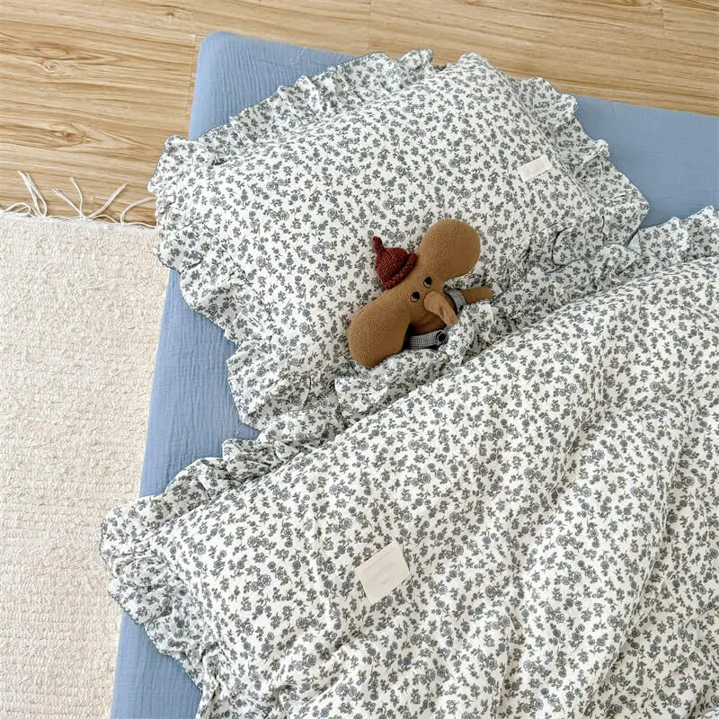 Ruffle Toddler Nursery Bedding Set Cotton Muslin Duvet Cover Set Twin Size with Pillow Covers