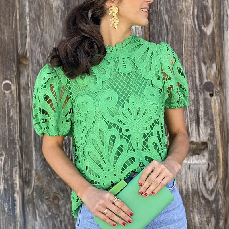 High Street Puff Short Sleeve Lace Blouse Top Office Fashion Hollow Shirt t Shirt Commute Women O Neck Solid Jacquard Pullover