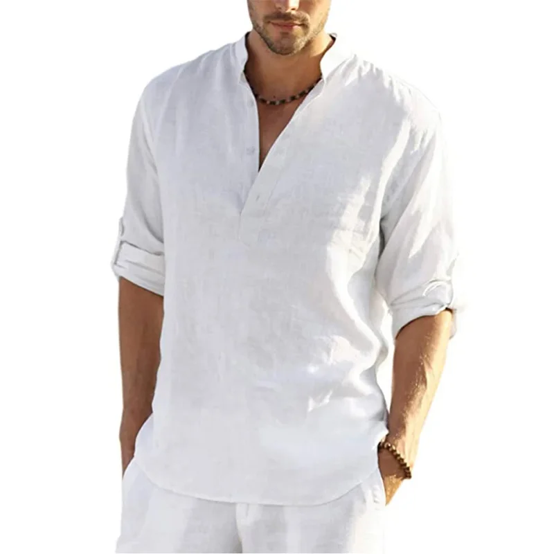 New Men's Casual Blouse Cotton Linen Shirt Loose Tops Long