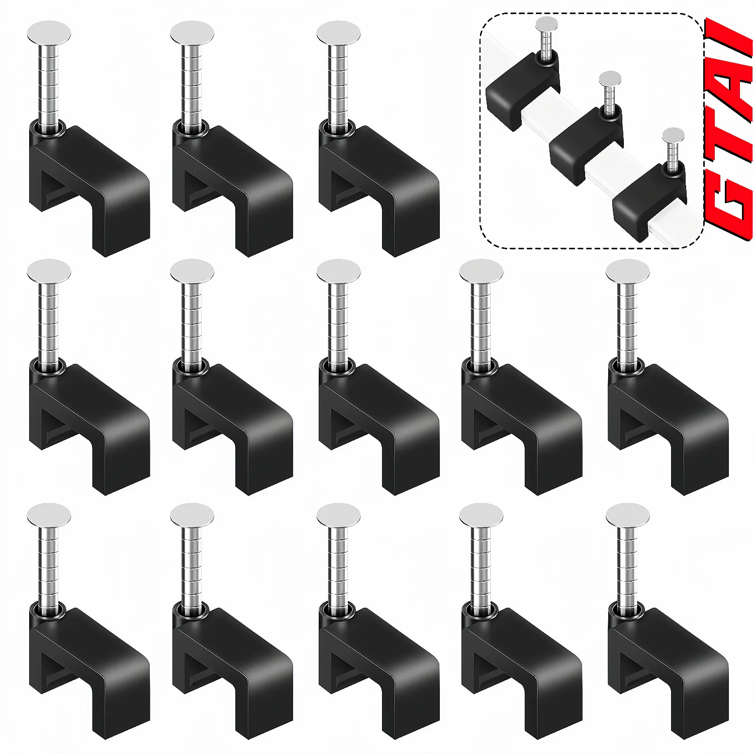 คลิปหนีบสายเคเบิลพร้อมตะปูเหล็ก，100 ชิ้น ขนาด 4-10 มม. สีดำ แบบแบนสี่เหลี่ยมสำหรับสายอีเธอร์เน็ต คลิปติดผนัง，ตัวหนีบสายอินเทอร์เน็ต 1