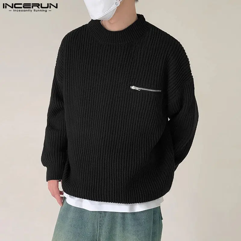 

INCERUN Tops 2023 Korean Style New Men's Zipper Design Solid Knitted Sweater Leisure Male All-match Long Sleeved Pullovers S-5XL