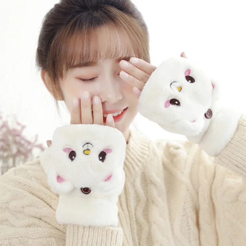 여성용 플러시 따뜻한 모피 장갑, 사랑스러운 토끼 고양이 벙어리 장갑, 손가락 없는 장갑, 부드러운 소녀 두꺼운 장갑, 유연한 반 손가락 겨울