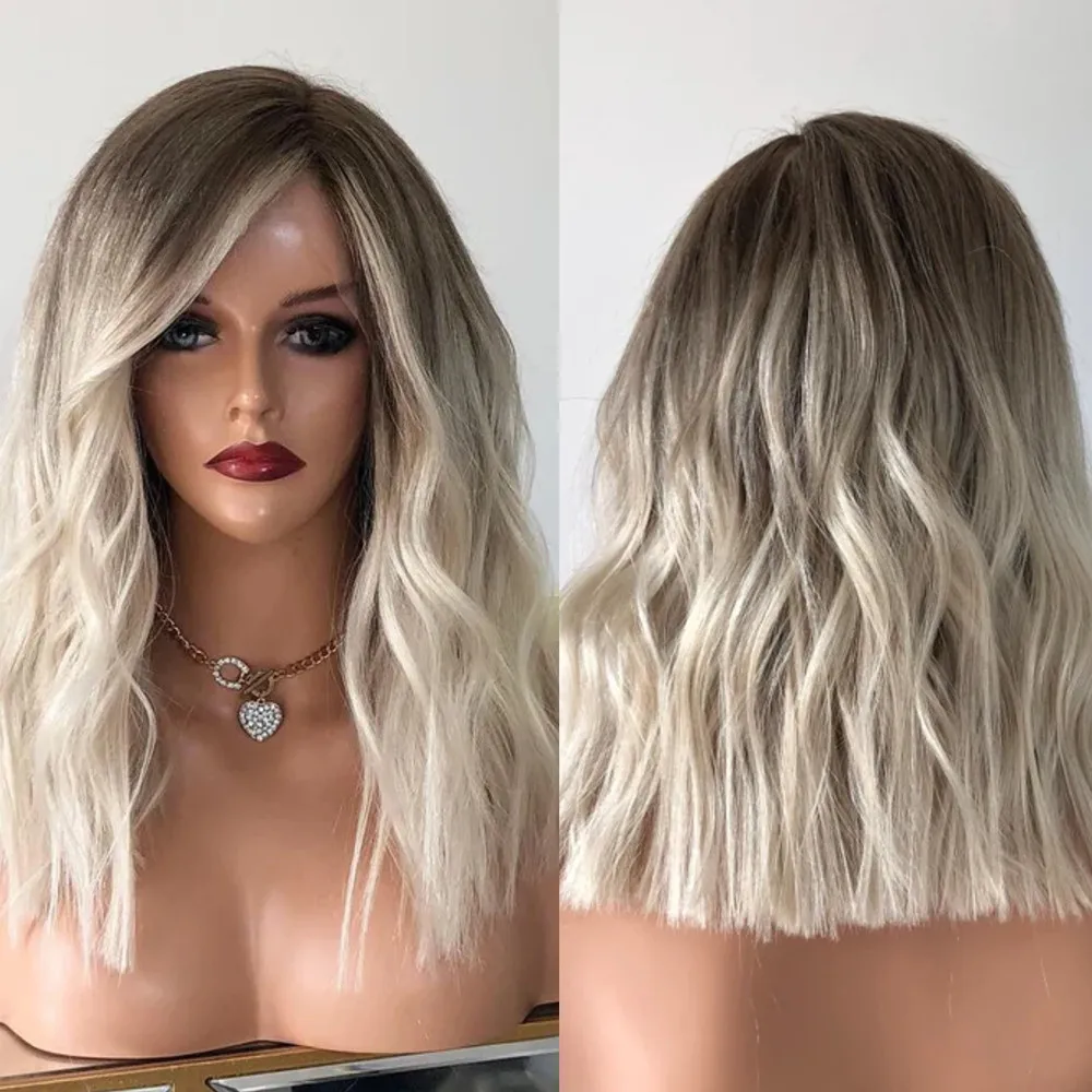 

Ombre Platinum Blonde Human Hair HD Transparent Lace Frontal Wigs with Baby Hair Wavy Full Lace Wig Pre plucked Bleached Knots