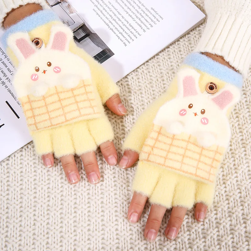 3-12 Years Kids Boys Girls Homework Winter Gloves Cute Rabbit Ear Half Finger Flip Cover Knitted Cold-Proof Mittens