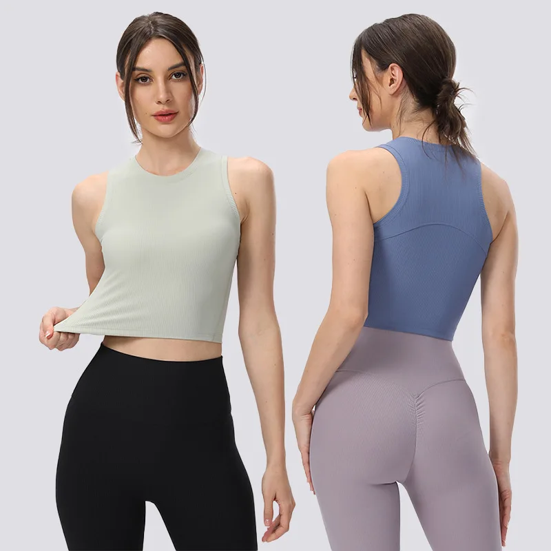

Women Ribbed Solid Yoga T-Shirts Fitness Tank Tops Workout Vest Training Sleeveless Gym Sports Tee Without Pads