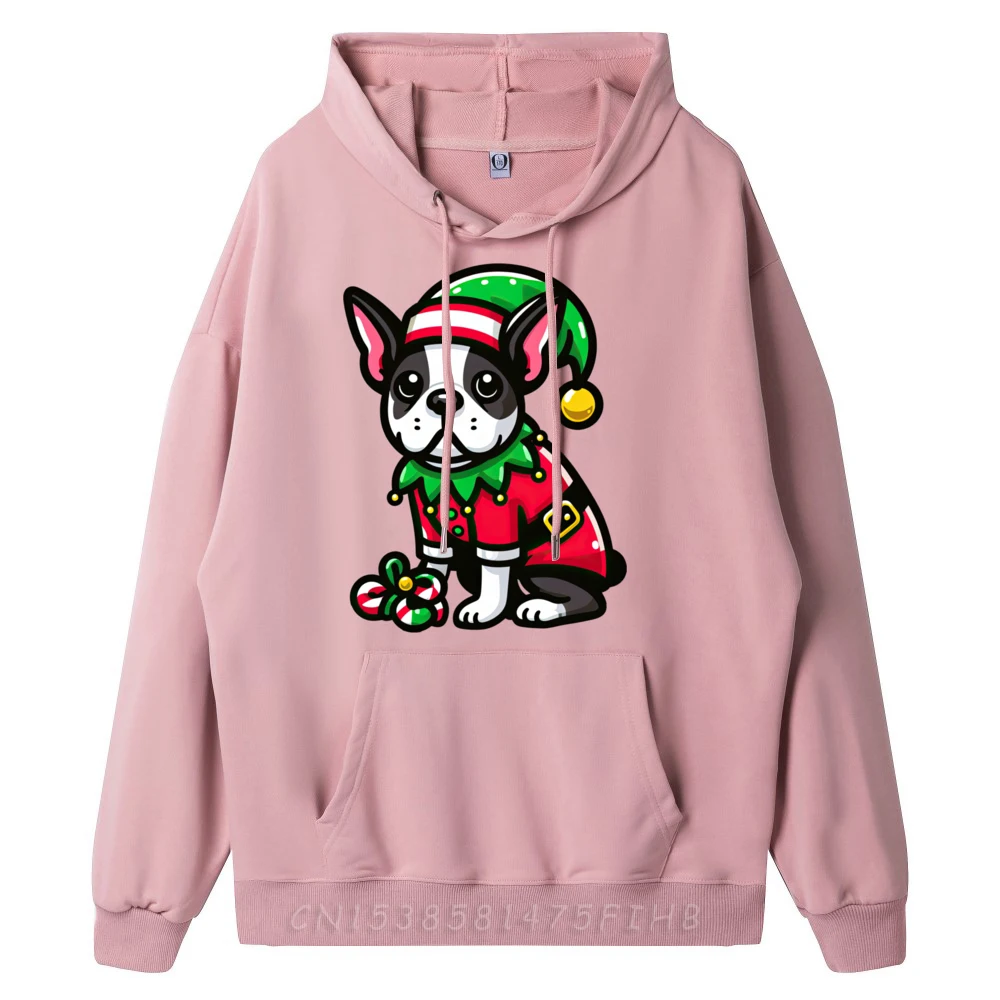 Boston Terrier Christmas Elf Funny Hoodies Cute O-Neck Print long Sleeve Men's Hoodies Birthday Coat  Boston Terrier Christmas Elf Funny Dog Xmas oufen
