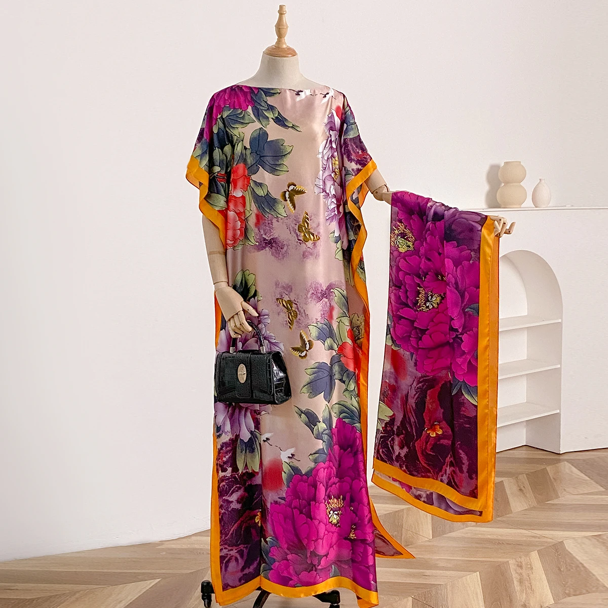 2025 Summer New Fashion African Dresses For Women Elegant Printed Silk Muslim Lady Long Hijab Kaftan Dress Oversize Kuwait Abaya