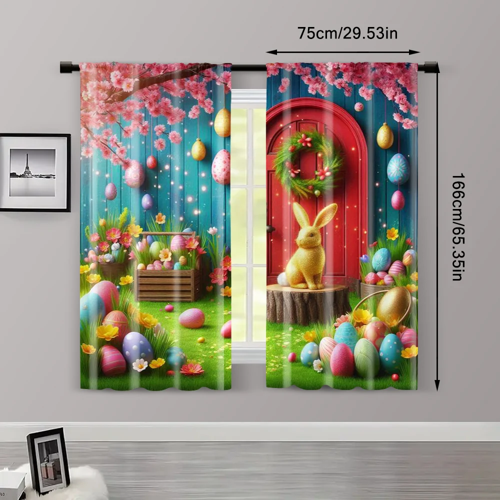 2pc,  Curtain Spring Bunny Flowers Easter Eggs Versatile 100% Polyester,Without Electricity Family Party Decoration for Parties 3