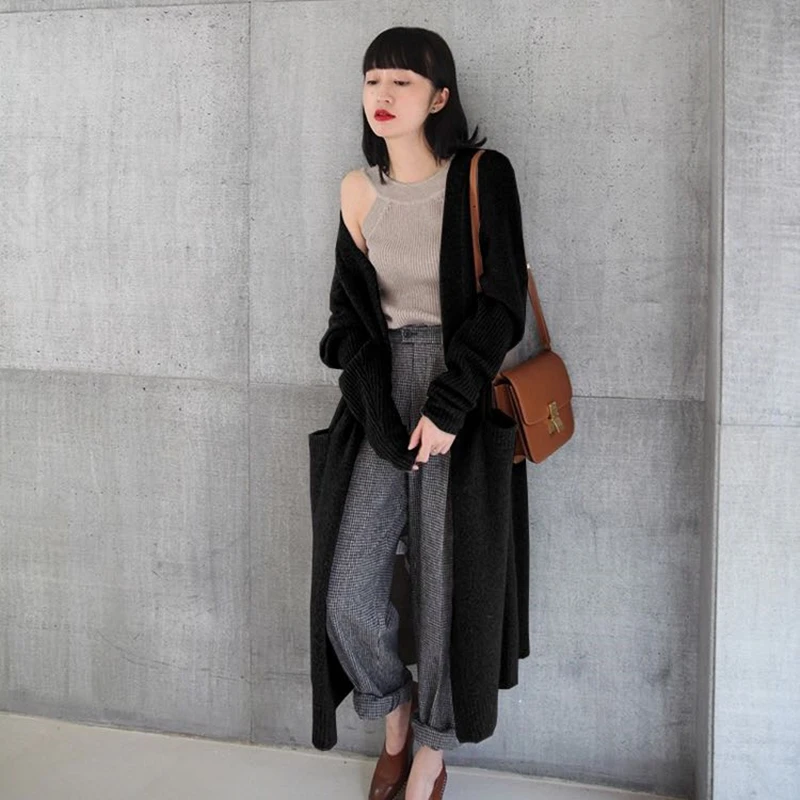 Autumn and Winter New Women's Solid Color Long-sleeved Sweater Fashionable and Elegant with Pocket Cardigan Casual Sweater Coat