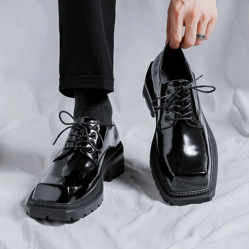 

mens fashion patent leather shoes brand designer square toe oxfords shoe stage nightclub dress young gentleman platform footwear