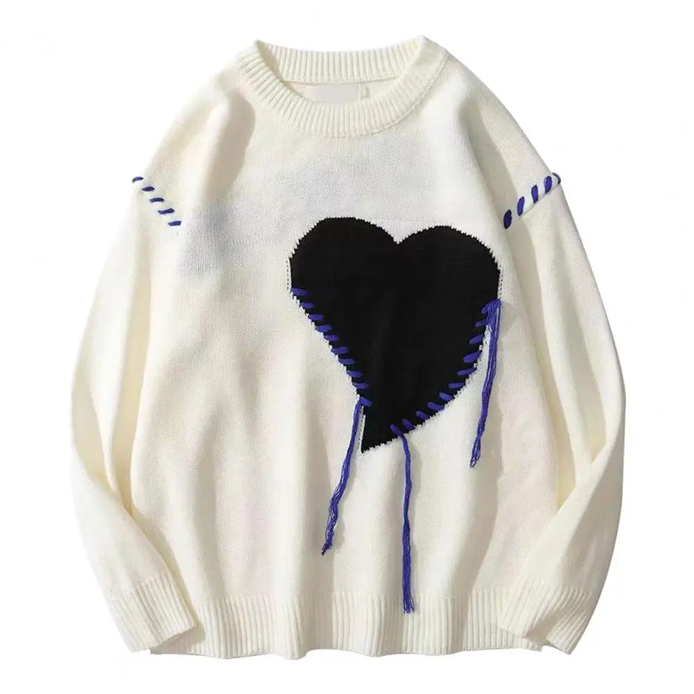Winter Sweaters With Heart-shaped Appliqués And Color Matching Loose Round Neck Long-sleeved Knitted Pullover Couple Sweaters casual heart bear couples sweater 2021 autumn flocking o neck loose pullover sweaters fashion long sleeve knitted sweaters