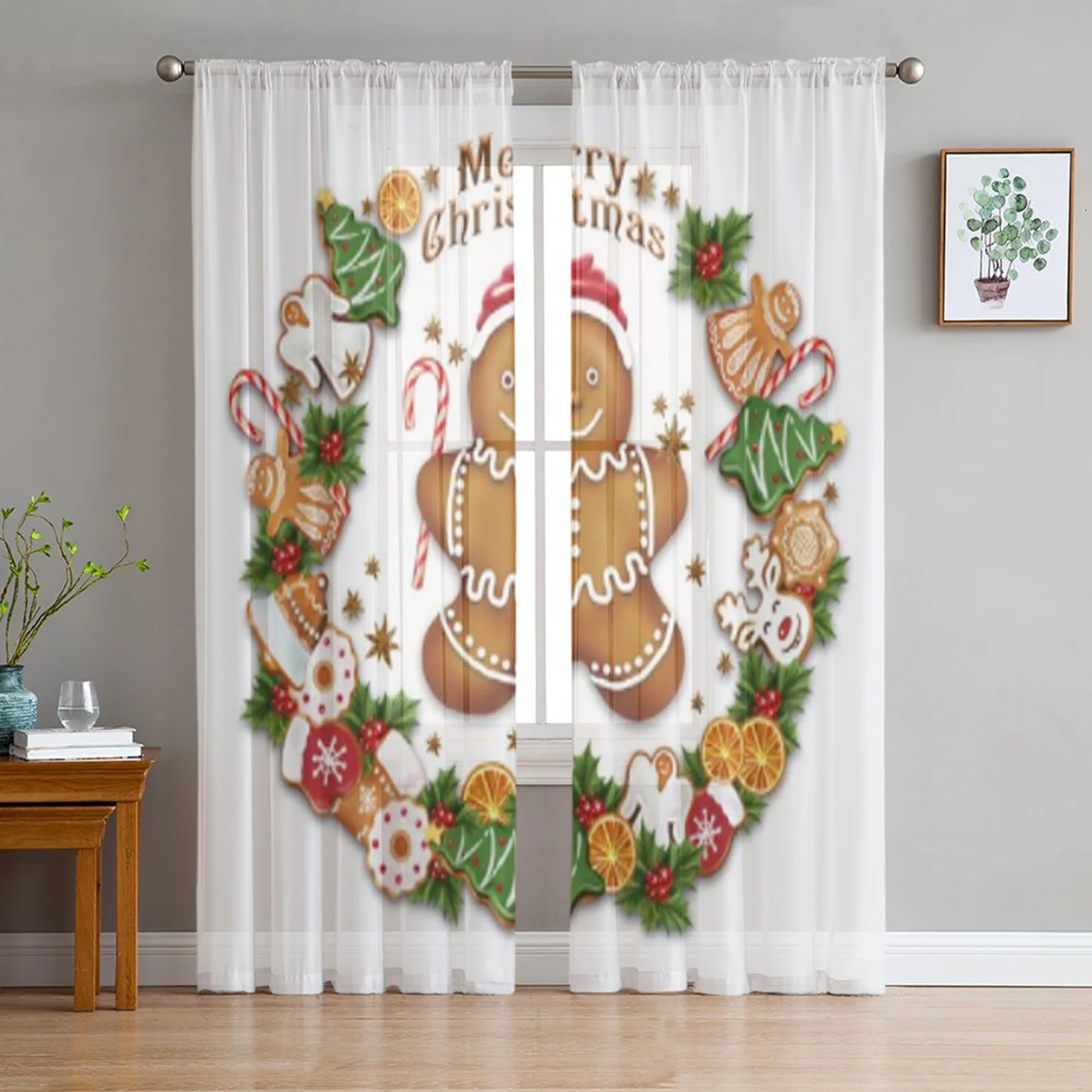 

Christmas Gingerbread Cookies Tulle Window Curtain For Living Room Bedroom Voile Sheer Curtains Kitchen Treatments Drapes