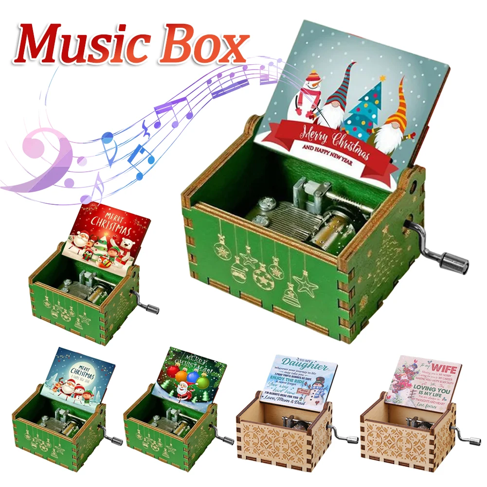 Christmas Music Box Hand Crank Engraved Musical Box Wooden Anime Theme Merry Christmas Decorations Birthday Gifts for Boy Girls