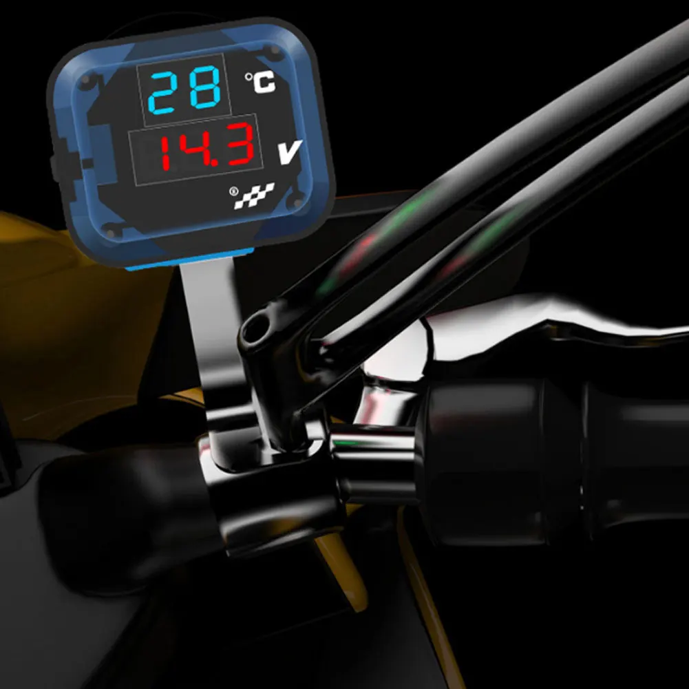 3 In 1 Motorcycle Voltmeter Thermometer USB Charger LED Digital Display Temperature Indicator Voltage Monitor Multimeter