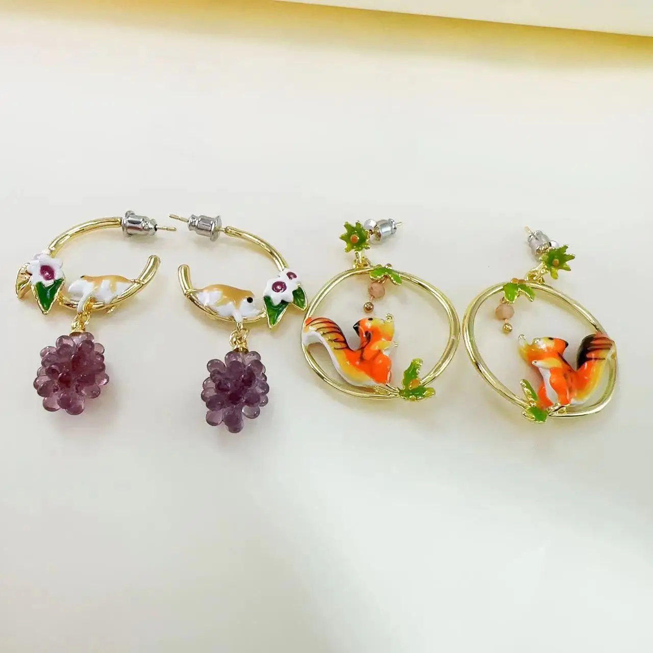 Lovely Squirrel Animal Drop Earrings for Women Enamel Glaze Copper Jewelry Leaf  Fruit Ear Studs серьги висячие серьги женские