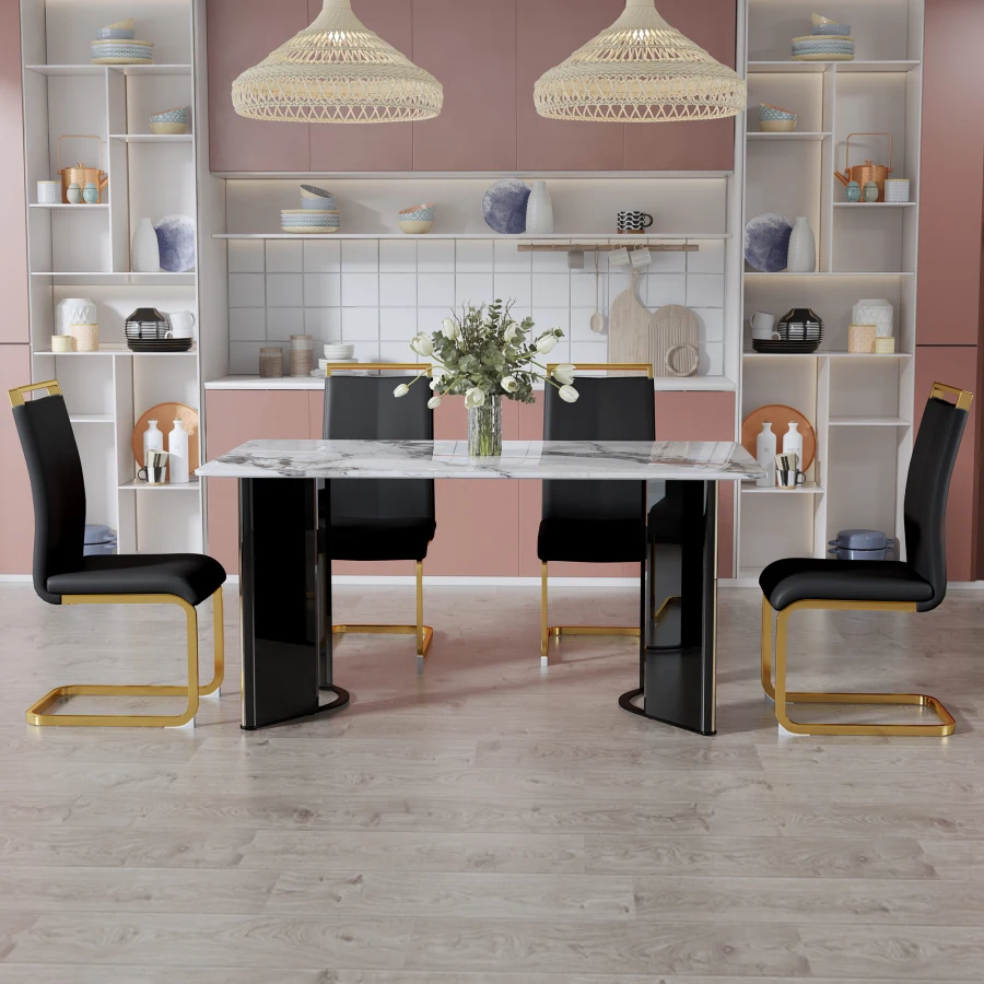 Table and chair set. 1 table and 4 black PU cushioned golden color leg chairs. White imitation marble tabletop MDF table legs w 3