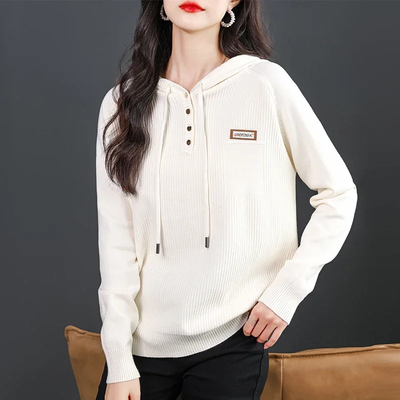 Autumn/winter drawstring hooded button-knit sweater sticker label, fake pockets loose casual long sleeve pit strip sweatshirt