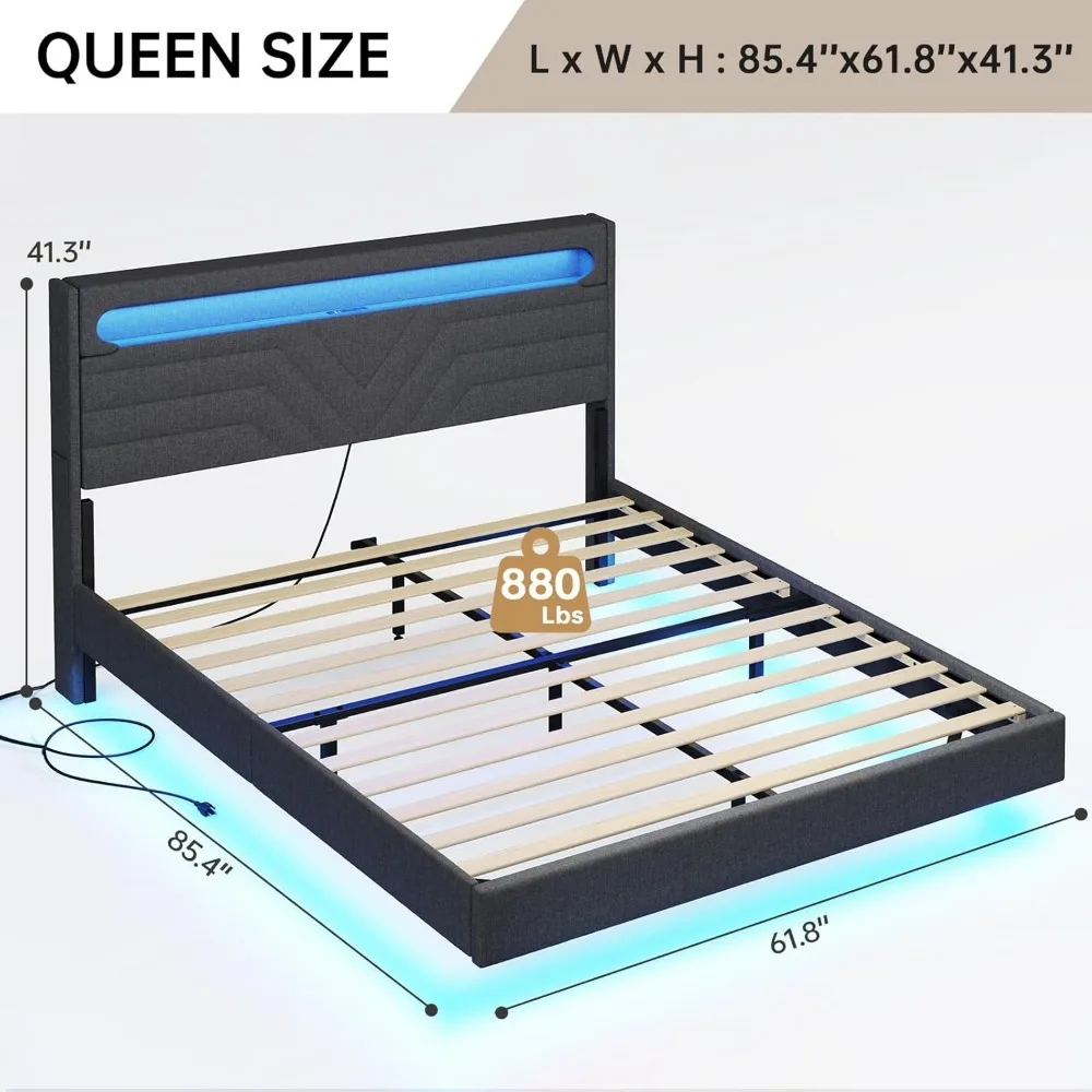 Queen Floating Bed Frame Headboard,USB-C/A Power Combo, Linen Upholstered Platform Bed with Storage Headboard, Dark Gray 2