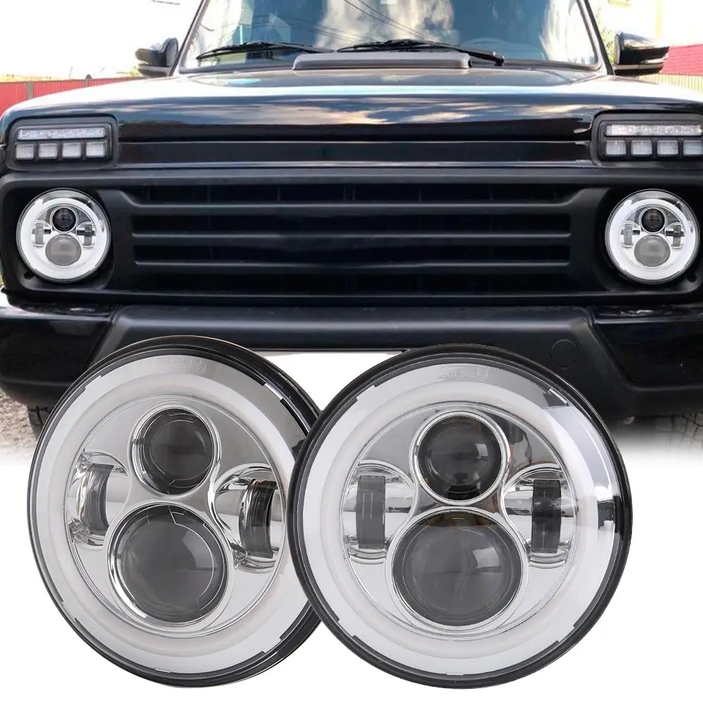 7-Zoll-LED-Scheinwerfer H4 Hi-lo mit Halo Angel Eyes für Lada 4x4 Urban  Niva Jeep Jk Land Rover Defender Hummer