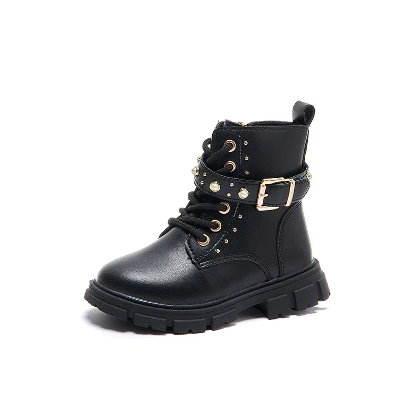Buckle Catwalk Boots Black Children Ankle Boots For Girls Buckle