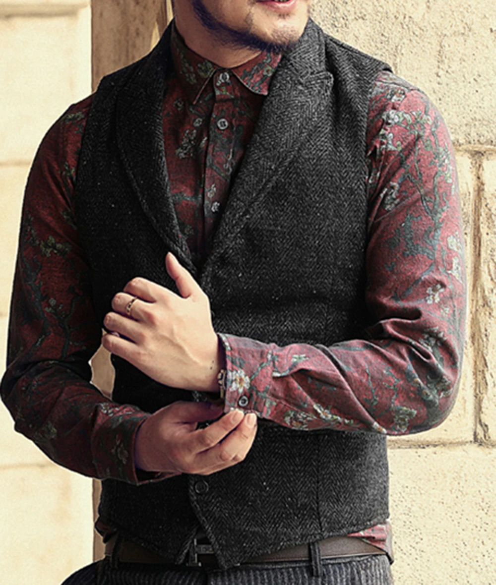 Grey Mens Suit Vest Lapel V Neck Wool Herringbone Casual Formal Business Vest Slim Fit Gilet Waistcoat Groomman For Wedding 3