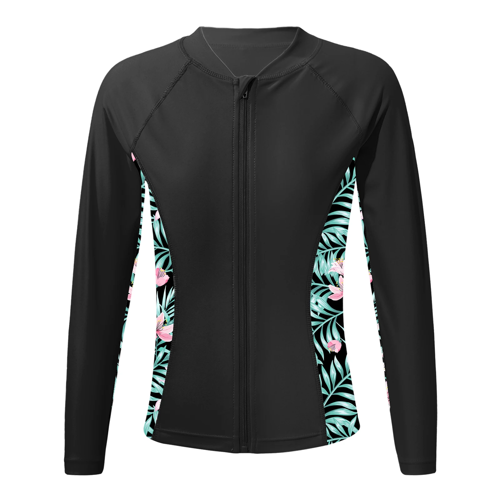 Kids Girls Print Rash Guard T-Shirt Swim Top Long Sleeve Zipper Tops UPF 50+ Sun Protection Pool Swimming Bathing Beach Swimwear